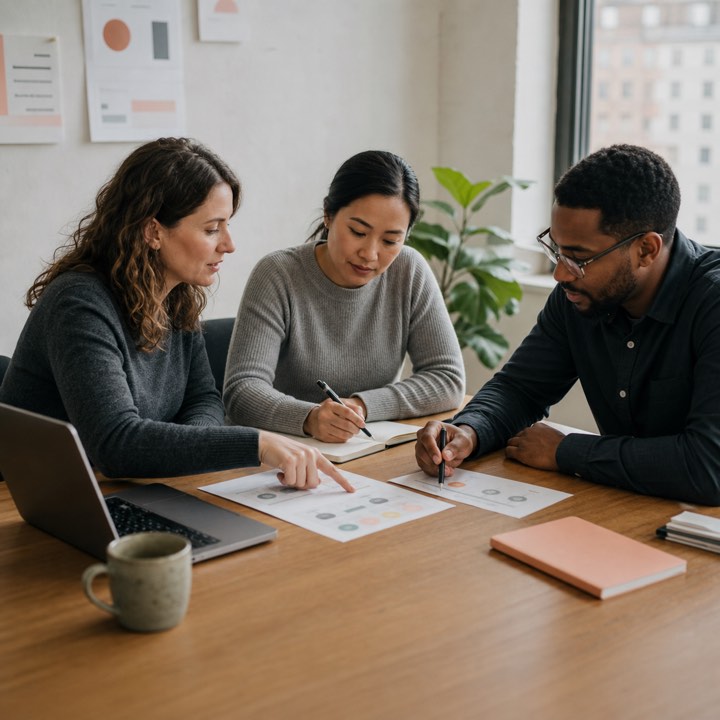 Customer success teammates reviewing an account plan together at a shared desk