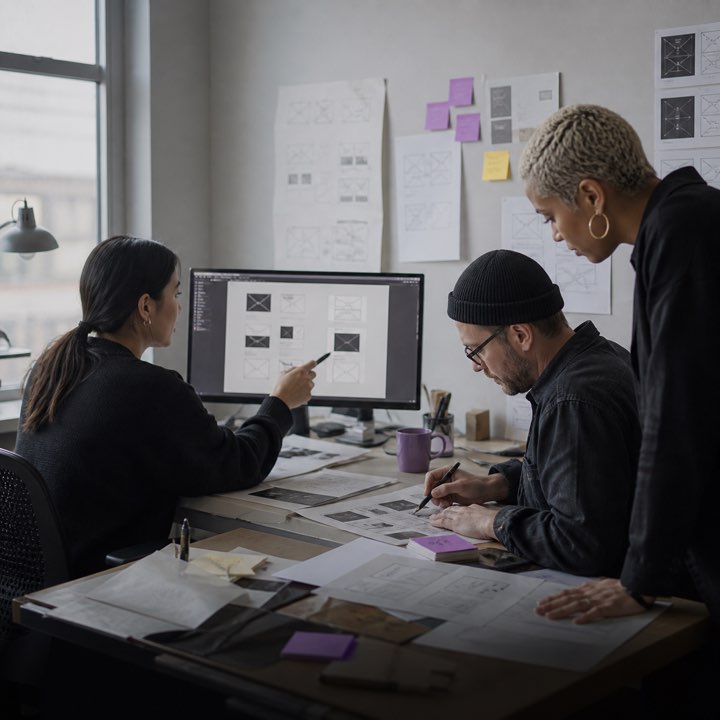 Design teammates discussing interface ideas beside a whiteboard