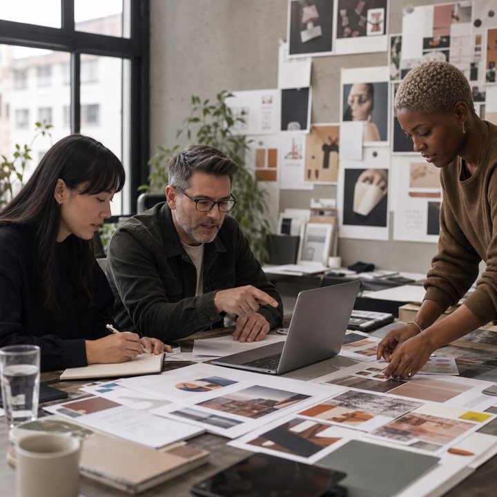 Marketing teammates planning a campaign together at a studio table