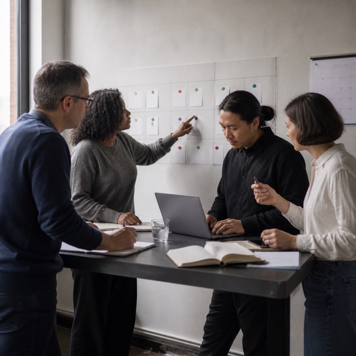 Operations teammates coordinating work around a planning wall
