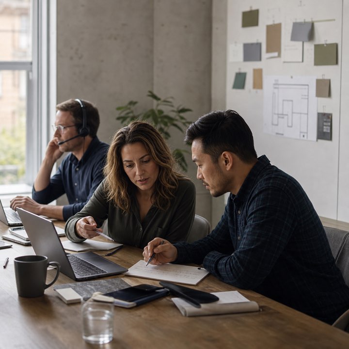 Sales teammates reviewing customer research together at a shared desk
